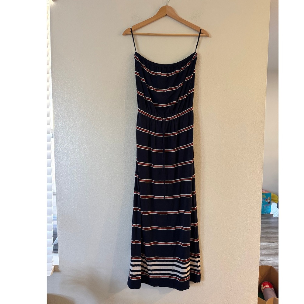 J.Crew Maxi Dress Striped Strapless Drawstring Waist XS Navy Red White Good